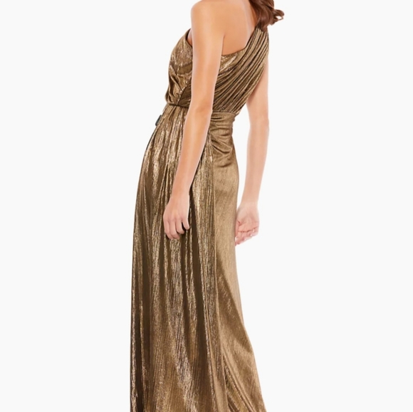 This is a beautiful McDougal dress in liquid gold color in size 12.  Worn once. - Picture 3 of 5